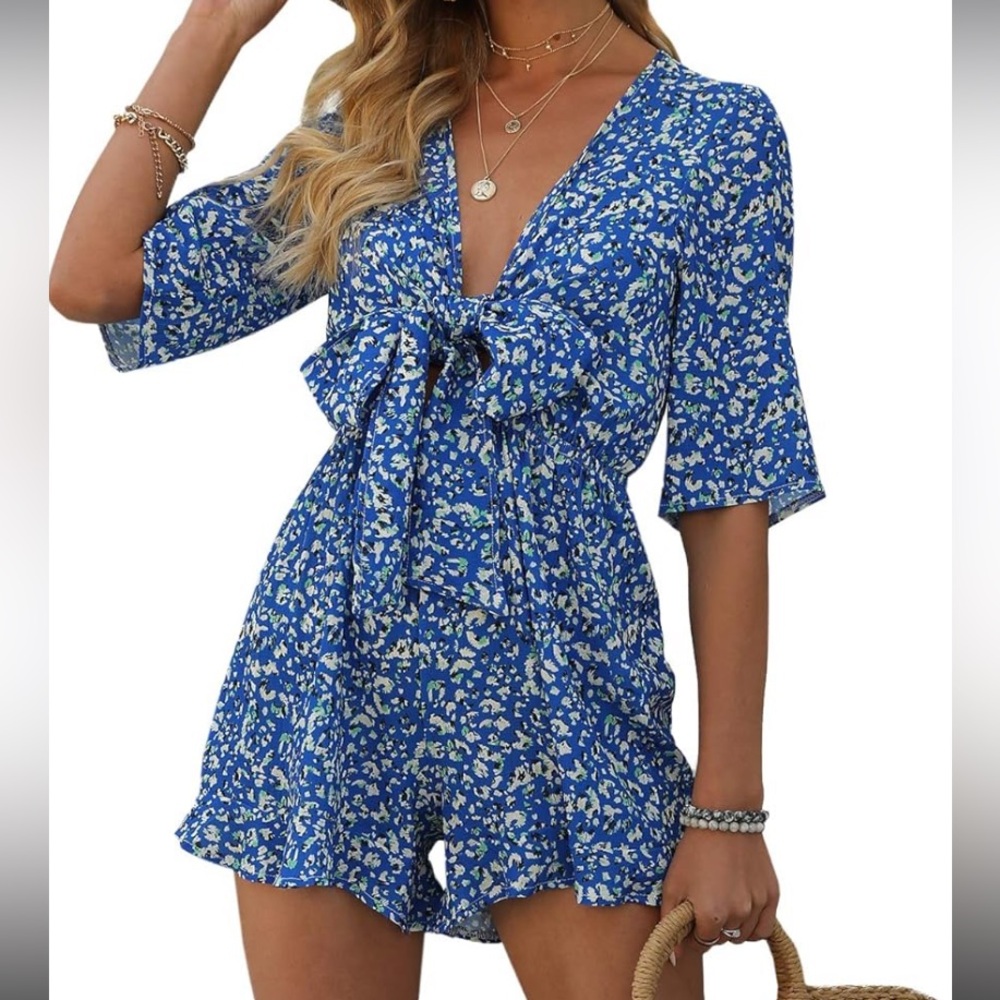 Blue and White Romper with Front Tie